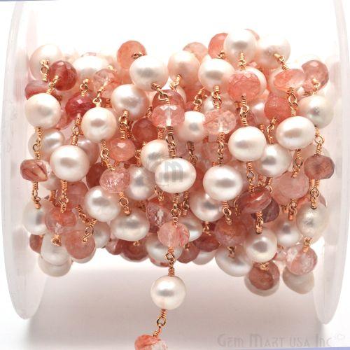 Sunstone With Freshwater Pearl Rondelle 8-9mm Gold Plated Wire Wrapped Beads Rosary Chain (763766538287)