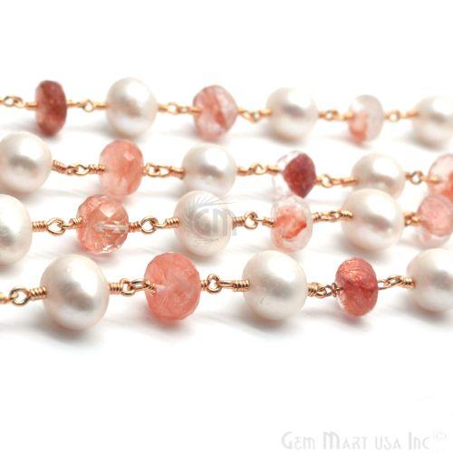 Sunstone With Freshwater Pearl Rondelle 8-9mm Gold Plated Wire Wrapped Beads Rosary Chain (763766538287)