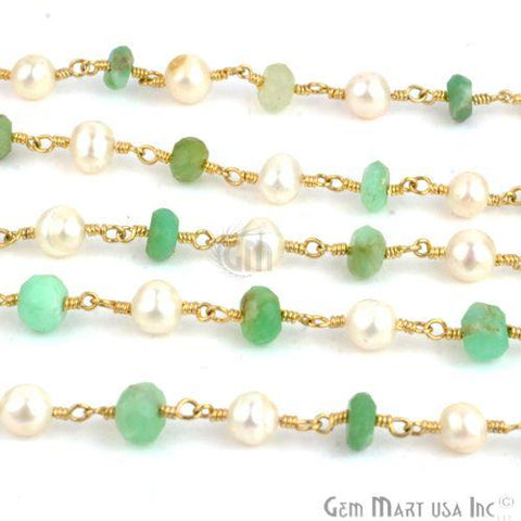 Chrysoprase 5-6mm With Freshwater Pearl 4-5mm Gold Plated Wire Wrapped Rosary Chain (763772338223)