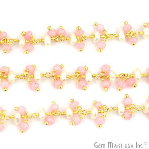 Rose Chalcedony & Freshwater Pearl Faceted Beads Gold Plated Cluster Dangle Chain (764180004911)
