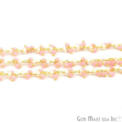 Rose Chalcedony & Freshwater Pearl Faceted Beads Gold Plated Cluster Dangle Chain (764180004911)