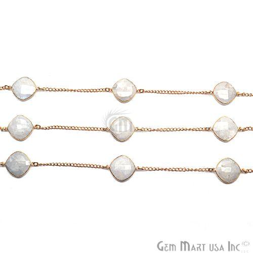 Rainbow Moonstone Cushion 16mm Gold Plated Bezel Connector Chain (764198682671)