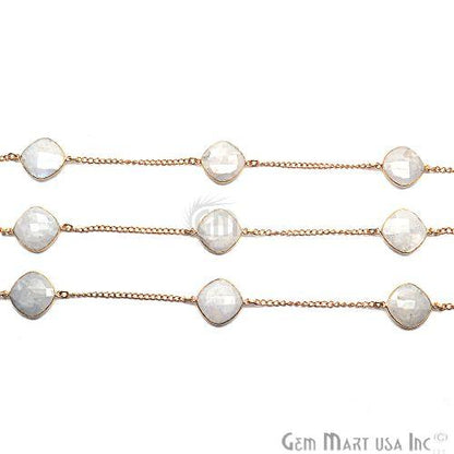 Rainbow Moonstone Cushion 16mm Gold Plated Bezel Connector Chain (764198682671)