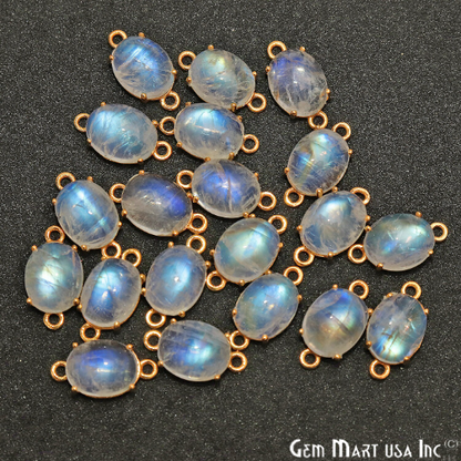 Rainbow Moonstone Cabochon Oval 7x9mm Prong Gold Plated Double Bail Connector