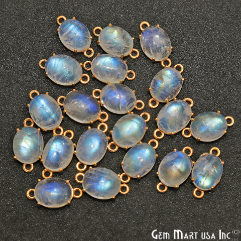 Rainbow Moonstone Cabochon Oval 7x9mm Prong Gold Plated Double Bail Connector