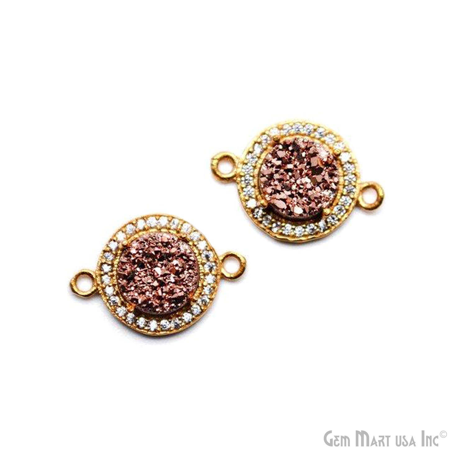 Cubic Zircon Pave Druzy 8mm Round Shape Gold Plated Double Bail Connector