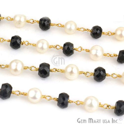 Black Spinel With Freshwater Pearl Gold Plated Wire Wrapped Beads Chain (763924348975)