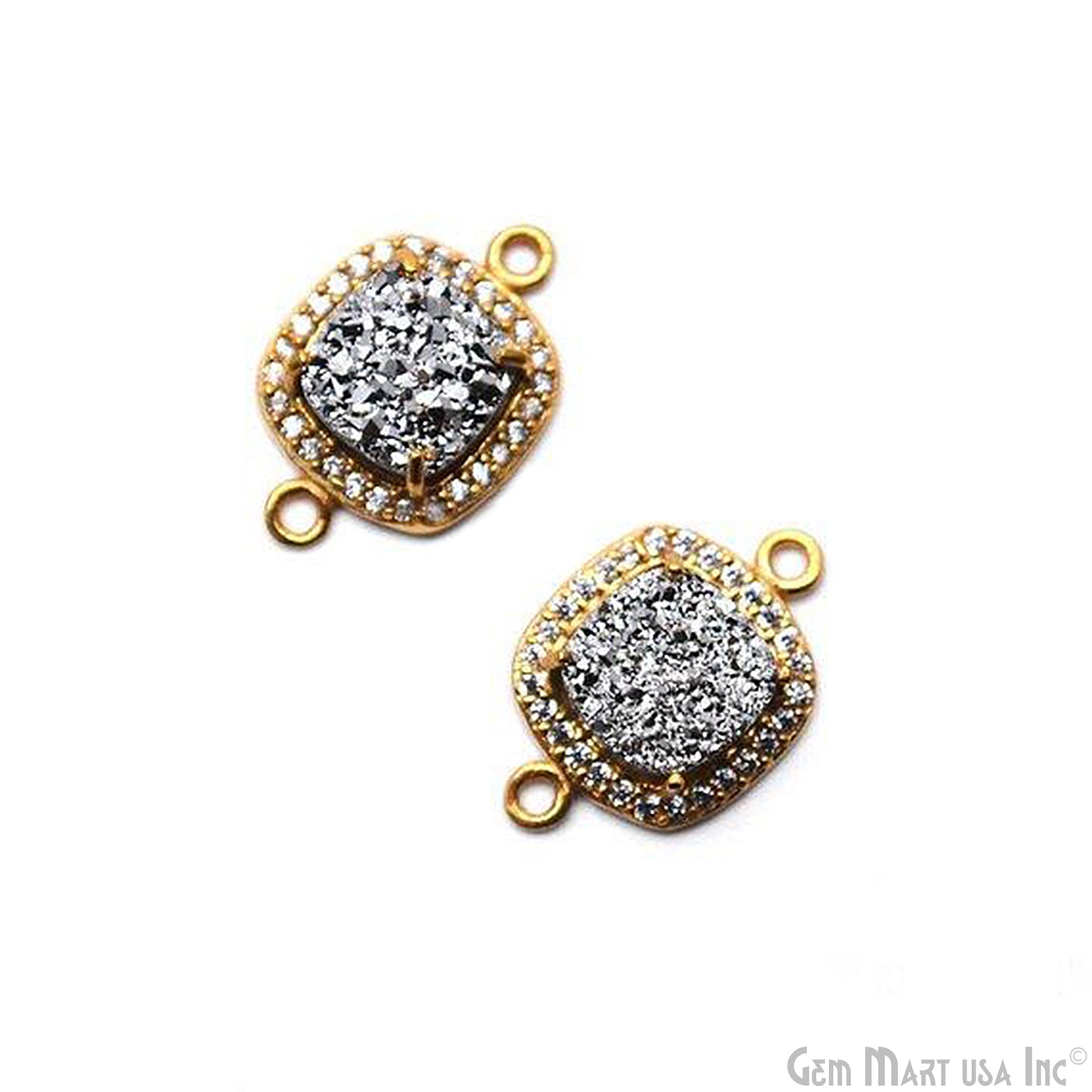 Druzy With Cubic Zircon Pave 8mm Cushion Shape Gold Plated Double Bail Gemstone Connector