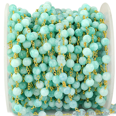 Dyed Jade Bead Faceted Crystal Round Rosary Chain Gold Plating, 5-6mm, 1+ ft