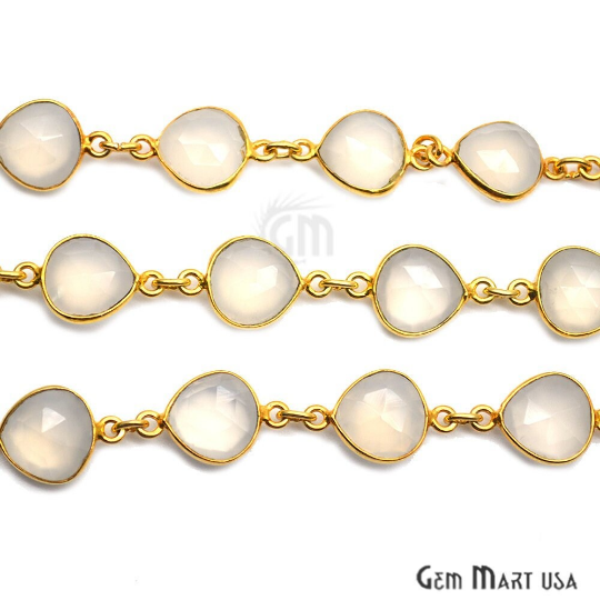 White Chalcedony 10mm Heart Gold Plated Bezel Continuous Connector Chain