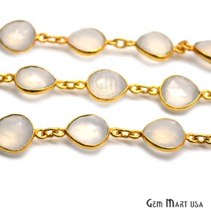 White Chalcedony 10mm Heart Gold Plated Bezel Continuous Connector Chain