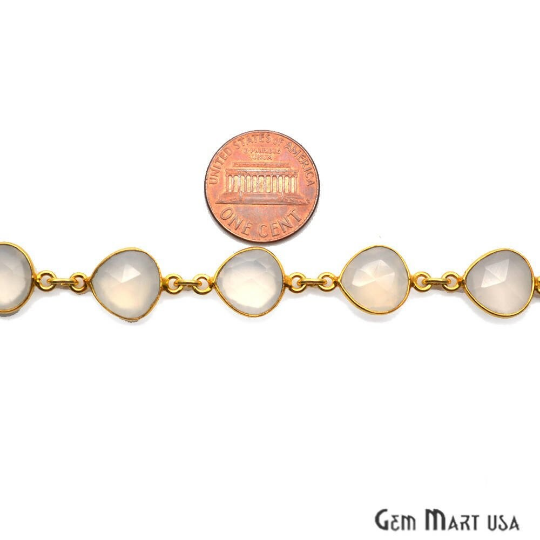 White Chalcedony 10mm Heart Gold Plated Bezel Continuous Connector Chain