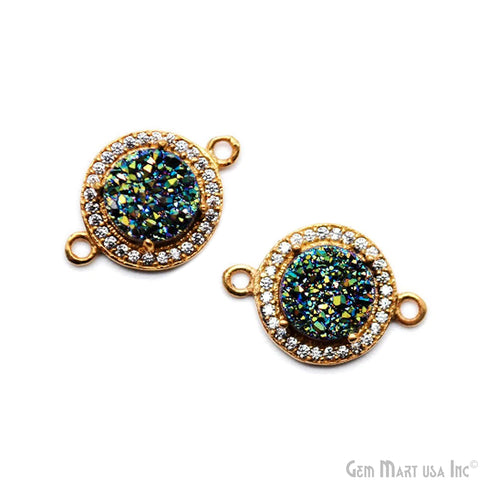 Cubic Zircon Pave Druzy 8mm Round Shape Gold Plated Double Bail Connector (Pick Your Color) (40008)