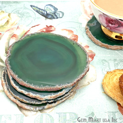 Green Natural Gemstone Coaster, Agate Slice Coaster, Rock & Crystal Coaster, Organic/Silver/Gold Plated Drinkware