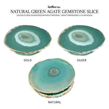 Green Natural Gemstone Coaster, Agate Slice Coaster, Rock & Crystal Coaster, Organic/Silver/Gold Plated Drinkware