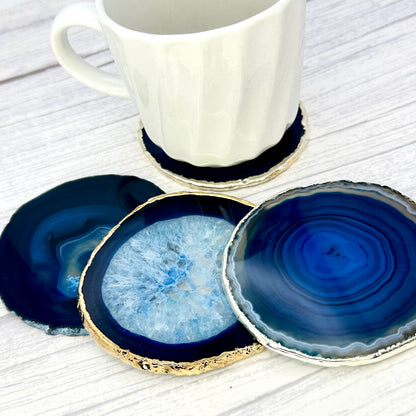 Blue Agate Slice Coaster, Natural Gemstone Coaster, Rock & Crystal Coaster, Organic/Silver/Gold Plated Drinkware