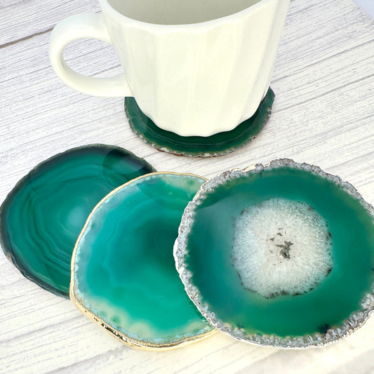 Green Agate Slice Coaster, Natural Gemstone Coaster, Rock & Crystal Coaster, Organic/Silver/Gold Plated Drinkware