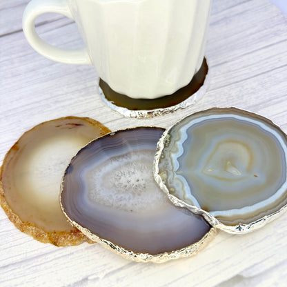 Natural Agate Slice Coaster, Gemstone Coaster, Rock & Crystal Coaster, Organic/Silver/Gold Plated Drinkware