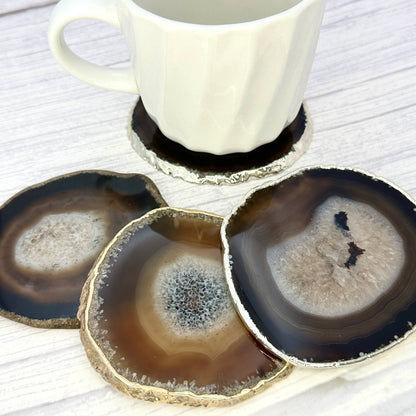 Black Agate Slice Coaster, Natural Gemstone Coaster, Rock & Crystal Coaster, Organic/Silver/Gold Plated Drinkware