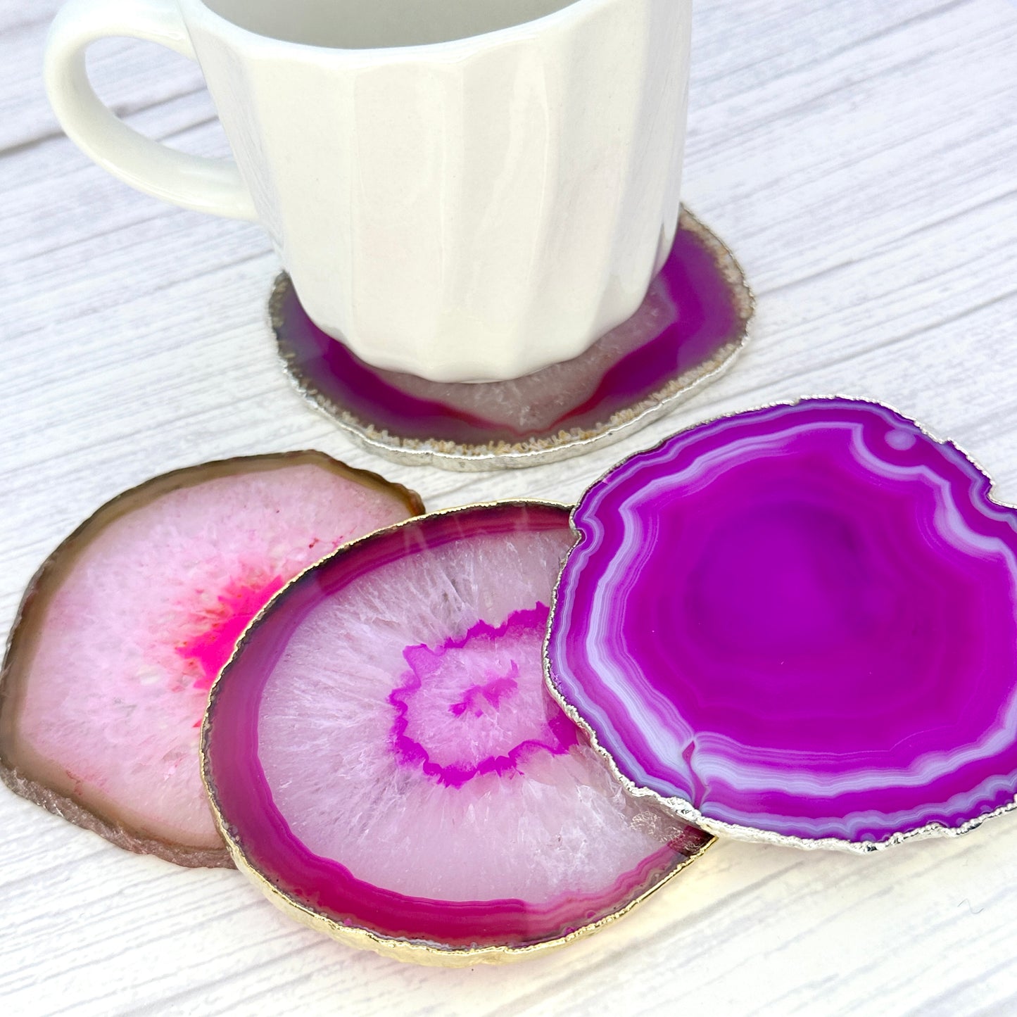 Pink Agate Slice Coaster, Natural Gemstone Coaster, Rock & Crystal Coaster, Organic/Silver/Gold Plated Drinkware