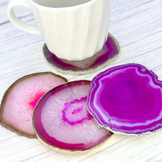 Pink Agate Slice Coaster, Natural Gemstone Coaster, Rock & Crystal Coaster, Organic/Silver/Gold Plated Drinkware