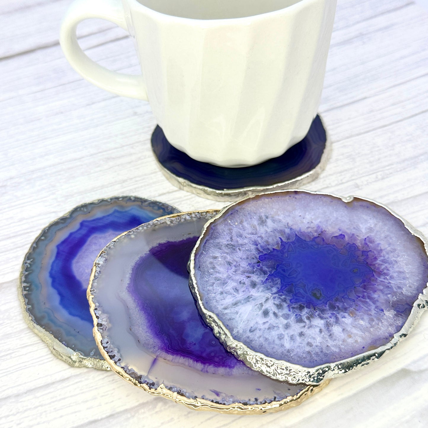 Purple Agate Slice Coaster, Natural Gemstone Coaster, Rock & Crystal Coaster, Organic/Silver/Gold Plated Drinkware