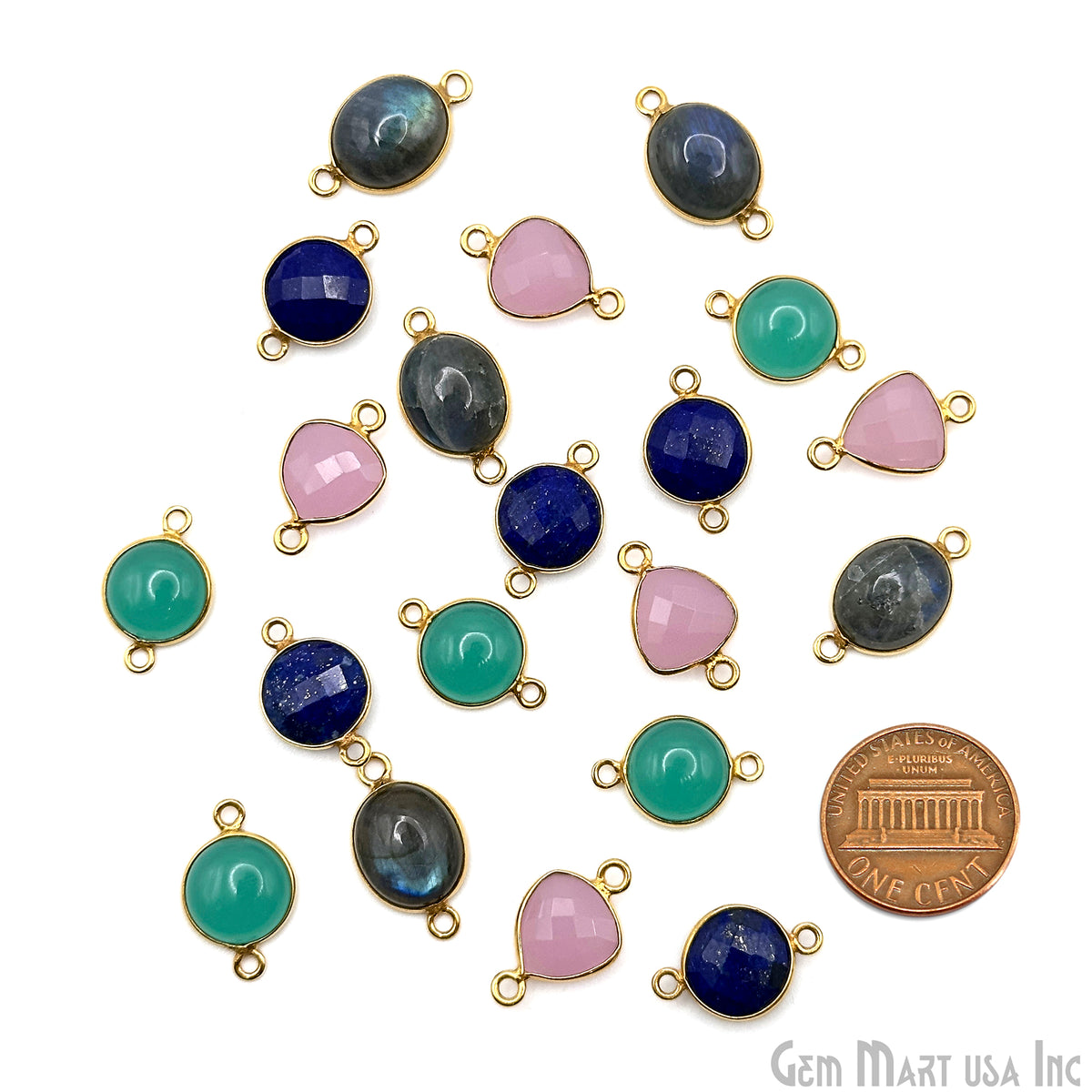 Gold Plated Connector Bulk Lot, Double Bail Bezel Gemstones, Jewelry Making Supplies, DIY Jewelry Starter Kit, 18 pcs Craft Pack, GemMartUSA