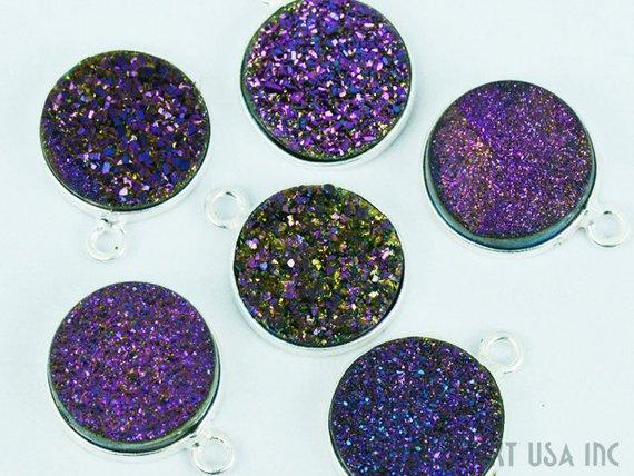 Clearance Natural Titanium Silver Druzy 12mm Round Single Bail Bezel Gemstone Connector