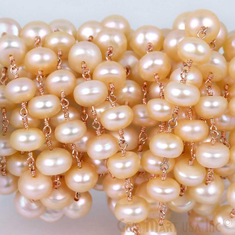 Pink Freshwater Pearl 7mm Rose Gold Plated Wire Wrapped Bead Fancy Rosary Chain - GemMartUSA