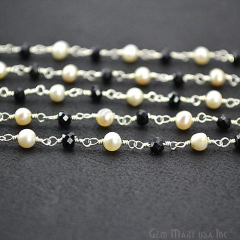 Black Spinel With Freshwater Pearl Silver Plated Wire Wrapped Beads Rosary Chain