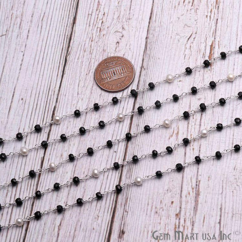 Black Spinel With Freshwater Pearl Silver Plated Wire Wrapped Beads Rosary Chain