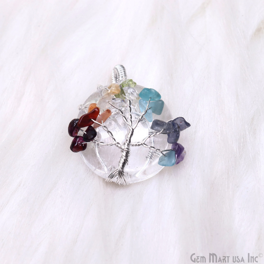 Tree of Life Gemstone Pendant Round Silver Wire Wrapped Healing Pendant