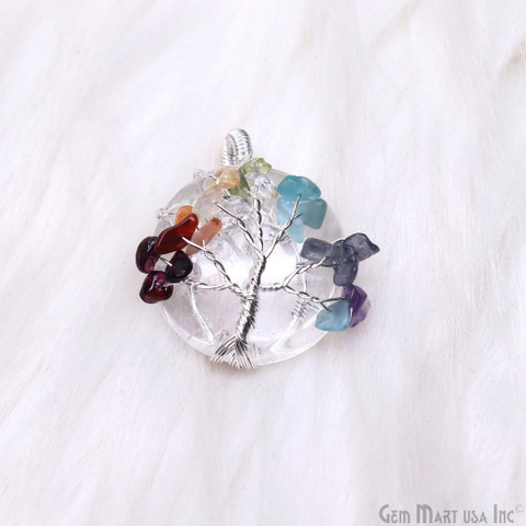 Tree of Life Gemstone Pendant Round Silver Wire Wrapped Healing Pendant
