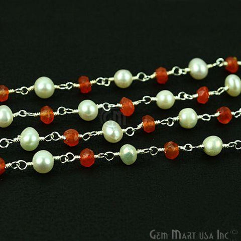 Carnelian With Freshwater Pearl Silver Plated Wire Wrapped Beads Rosary Chain