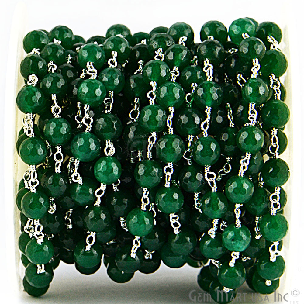 Dyed Jade Bead Faceted Crystal Round Rosary Chain Silver Plating, 8mm, 1+ ft