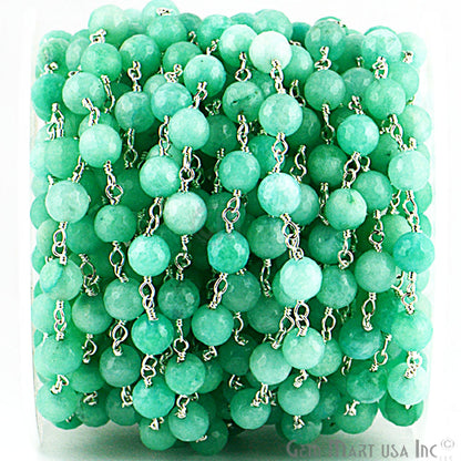 Dyed Jade Bead Faceted Crystal Round Rosary Chain Silver Plating, 8mm, 1+ ft