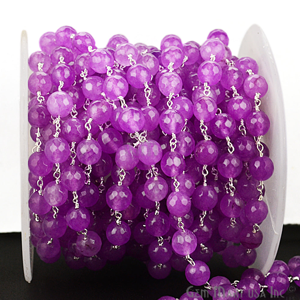 Dyed Jade Bead Faceted Crystal Round Rosary Chain Silver Plating, 8mm, 1+ ft