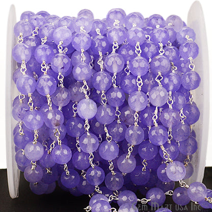 Dyed Jade Bead Faceted Crystal Round Rosary Chain Silver Plating, 8mm, 1+ ft