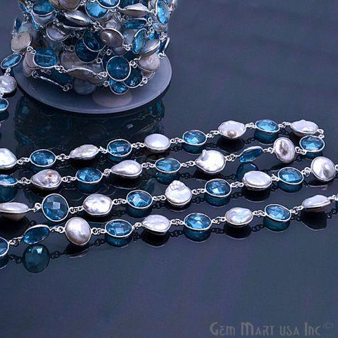 Blue Topaz with Freshwater Pearl 12mm Round Silver Plated Continuous Connector Chain