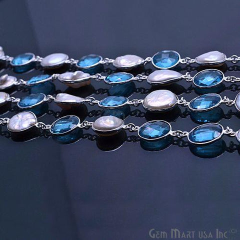 Blue Topaz with Freshwater Pearl 12mm Round Silver Plated Continuous Connector Chain