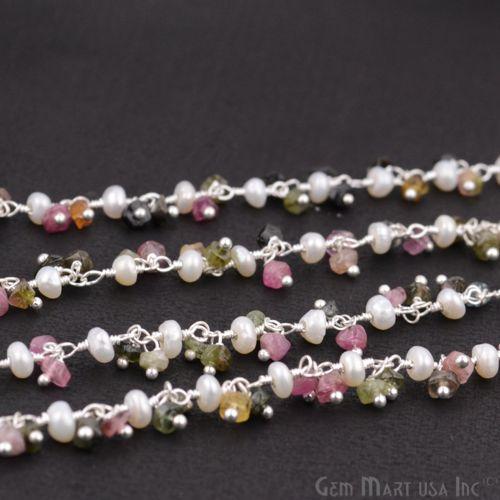 Multi Tourmaline & Freshwater Pearl Beads Silver Plated Cluster Dangle Chain (764233973807)