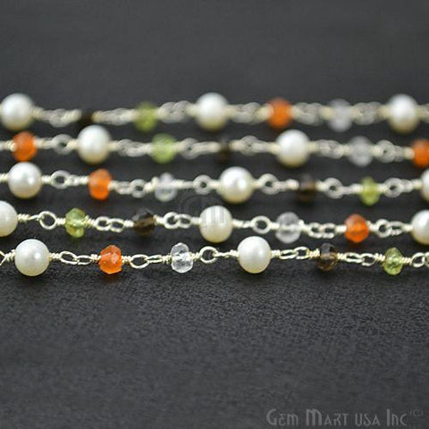Multi Color With Freshwater Pearl 3-3.5mm Silver Plated Wire Wrapped Beads Rosary Chain