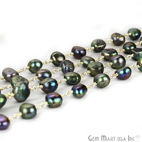 Black Freshwater Pearl 7-9mm Freeform Silver Plated Wire Wrapped Beads Rosary Chain (763955675183)