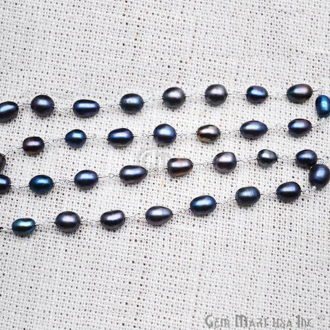 Black Freshwater Pearl 7x5mm Silver Plated Wire Wrapped Gemstone Beads Rosary Chain (763956625455)