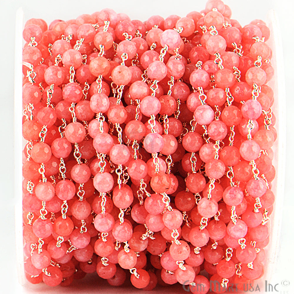 Dyed Jade Bead Faceted Crystal Round Rosary Chain Silver Plating, 5-6mm, 1+ ft