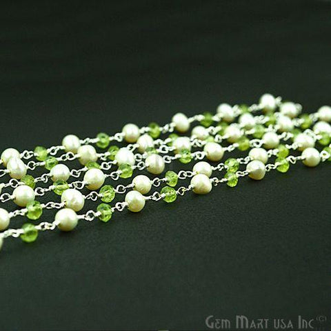 Peridot With Freshwater Pearl Silver Plated Wire Wrapped Beads Rosary Chain