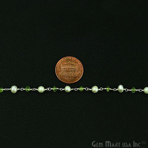 Peridot With Freshwater Pearl Silver Plated Wire Wrapped Beads Rosary Chain