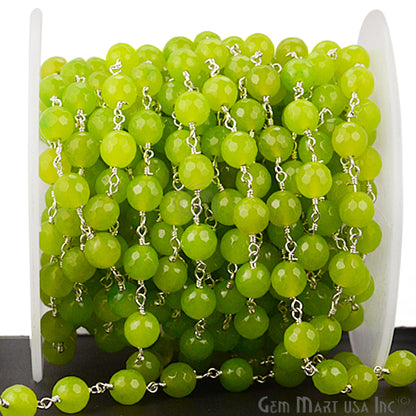 Dyed Jade Bead Faceted Crystal Round Rosary Chain Silver Plating, 8mm, 1+ ft