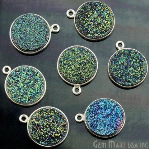 Clearance Natural Titanium Druzy 14mm Round Silver Single Bail Gemstone Connector
