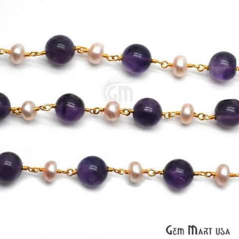 Amethyst & Pink Freshwater Pearl Gold Plated Wire Wrapped Beads Rosary Chain (763932114991)